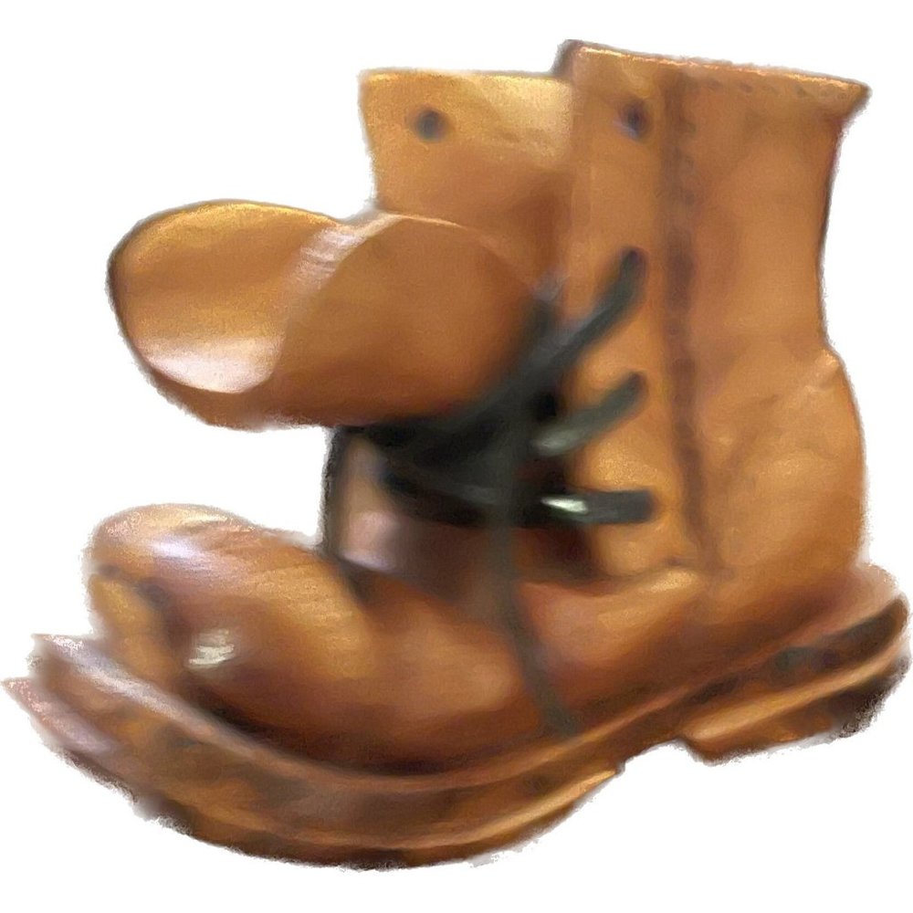 A vintage, signed, hand carved wooden folk, art shoe with leather laces